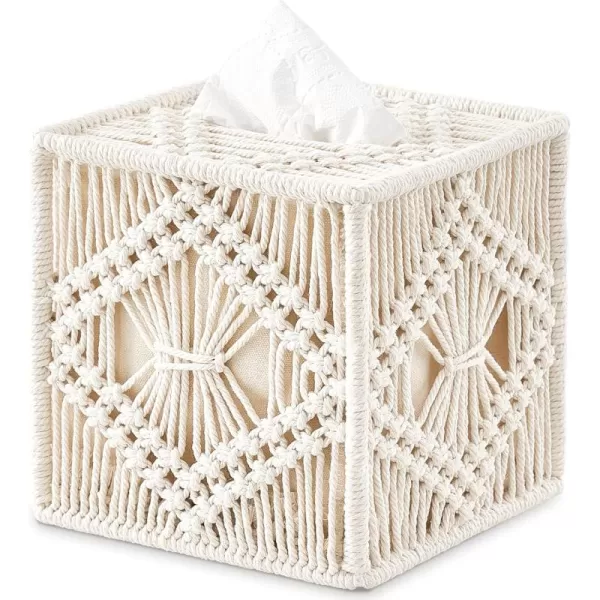 Mkono Tissue Box Cover Macrame Square OpenBottom Tissue Box Holder Boho Decor Tissue Organizer Bohemian Handmade Woven Tissue Cube Box for Bathroom Bedroom Dresser Living Room Office Dorm