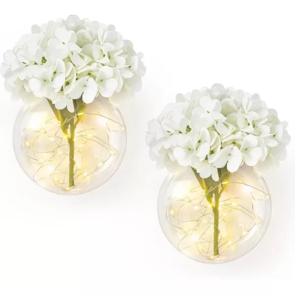 Mkono Wall Decor with White Artificial Hydrangea Flowers and Fairy Light 2 Packs Glass Wall Planter Vase Modern Wall Sconces for Living Room Bedroom Kitchen Home Office Farmhouse Decoration