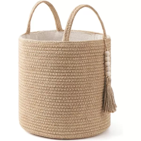 Mkono Woven Storage Basket Decorative Natural Rope Basket Wooden Bead Decoration for BlanketsToysClothesShoesPlant Organizer Bin with Handles Living Room Home Decor Jute 16quot W  138quotLBrown