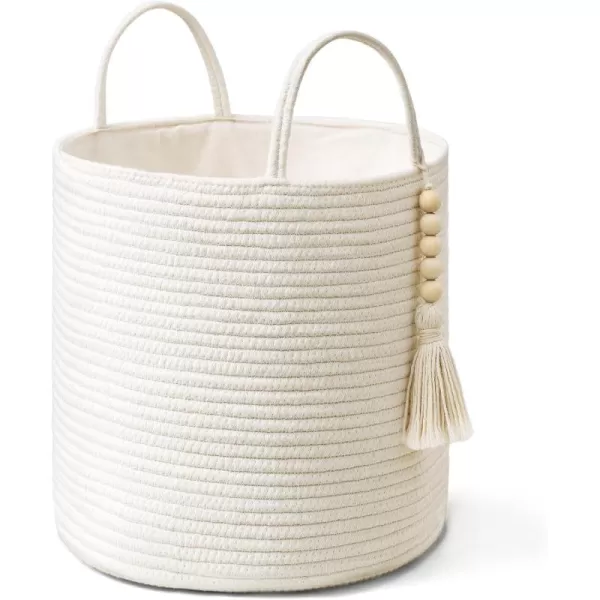 Mkono Woven Storage Basket Decorative Natural Rope Basket Wooden Bead Decoration for BlanketsToysClothesShoesPlant Organizer Bin with Handles Living Room Home Decor Jute 16quot W  138quotLWhite