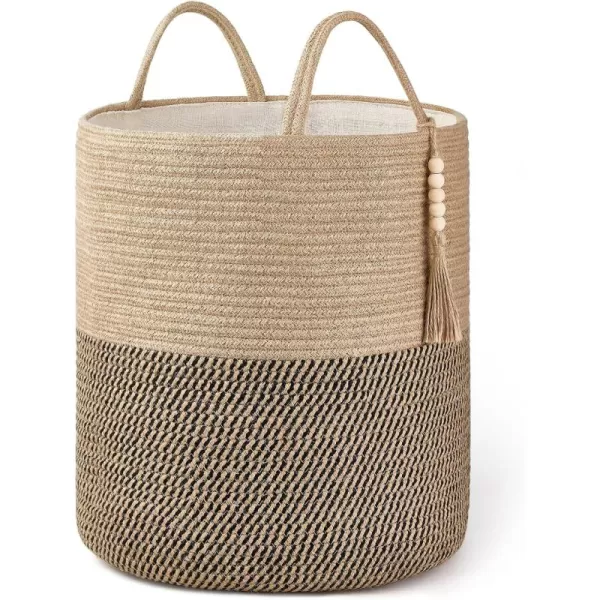 Mkono Woven Storage Basket Decorative Natural Rope Basket Wooden Bead Decoration for BlanketsToysClothesShoesPlant Organizer Bin with Handles Living Room Home Decor Jute 16quot W  138quotLYellow and Black