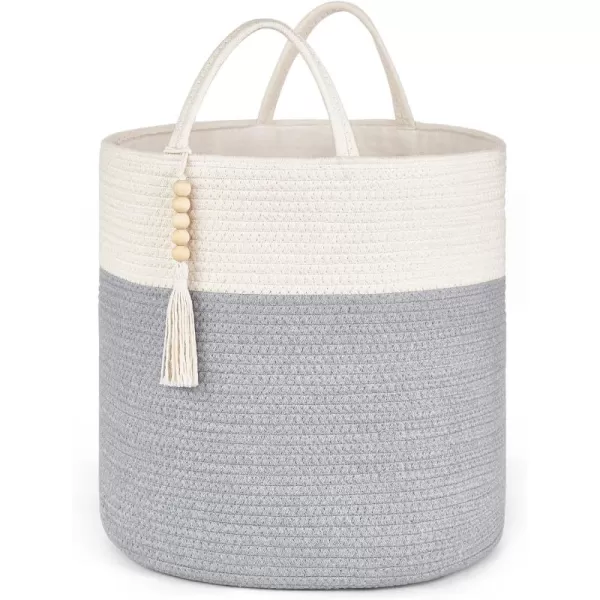 Mkono Woven Storage Basket Decorative Natural Rope Basket Wooden Bead Decoration for BlanketsToysClothesShoesPlant Organizer Bin with Handles Living Room Home Decor Jute 16quot W  138quotLGrey and White