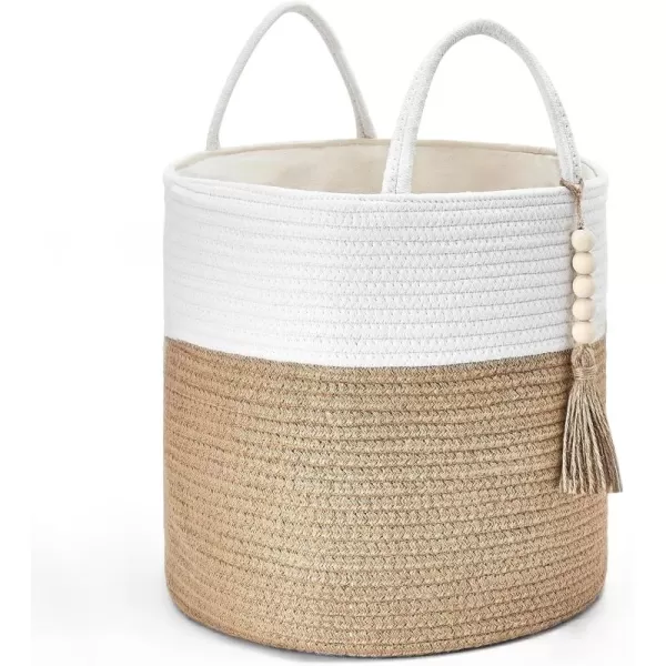 Mkono Woven Storage Basket Decorative Natural Rope Basket Wooden Bead Decoration for BlanketsToysClothesShoesPlant Organizer Bin with Handles Living Room Home Decor Jute 16quot W  138quotLWhite and Yellow