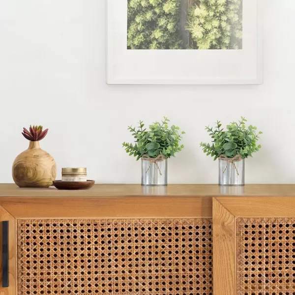 Mkono 2 Packs Small Fake Plants in Farmhouse Galvanized Pots Table Centerpiece Mini Faux Eucalyptus Potted Artificial Plants for Bathroom Shelf Room Rustic Home Decor