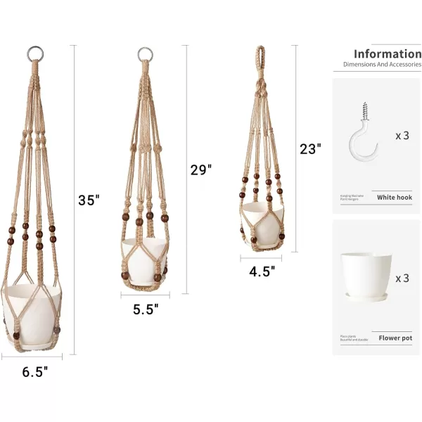 Mkono 3 Pack Macrame Plant Hangers with Pots 35quot29quot23quot Indoor Different Size Hanging Planter Basket Flower Pot Holder with Saucers ampamp Hooks No Tassels Plastic Pots Included Medium IvoryBrown