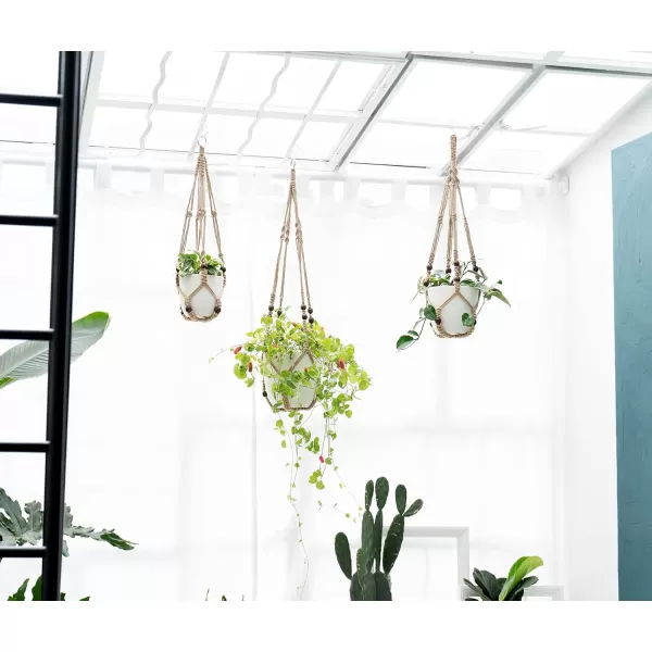 Mkono 3 Pack Macrame Plant Hangers with Pots 35quot29quot23quot Indoor Different Size Hanging Planter Basket Flower Pot Holder with Saucers ampamp Hooks No Tassels Plastic Pots Included Medium IvoryBrown