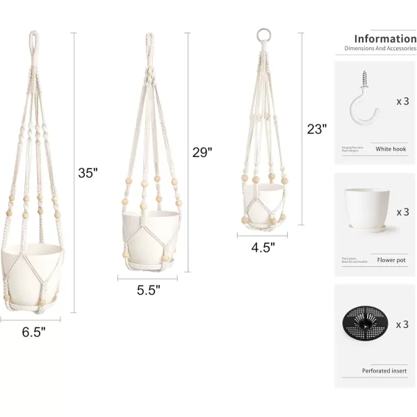 Mkono 3 Pack Macrame Plant Hangers with Pots 35quot29quot23quot Indoor Different Size Hanging Planter Basket Flower Pot Holder with Saucers ampamp Hooks No Tassels Plastic Pots Included Medium IvoryIvory