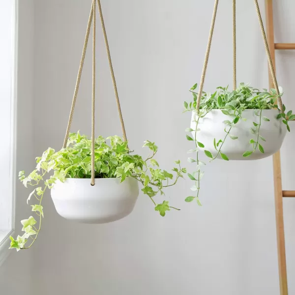 Mkono 8 Inch Ceramic Hanging Planter for Indoor Plants Modern Outdoor Porcelain Hanging Plant Holder Geometric Flower Pot with Polyester Rope Hanger for Herbs Ferns Ivy White
