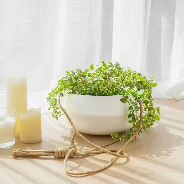 Mkono 8 Inch Ceramic Hanging Planter for Indoor Plants Modern Outdoor Porcelain Hanging Plant Holder Geometric Flower Pot with Polyester Rope Hanger for Herbs Ferns Ivy White