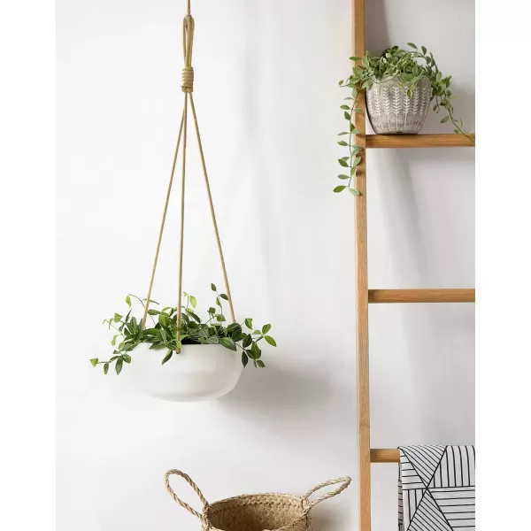 Mkono 8 Inch Ceramic Hanging Planter for Indoor Plants Modern Outdoor Porcelain Hanging Plant Holder Geometric Flower Pot with Polyester Rope Hanger for Herbs Ferns Ivy White