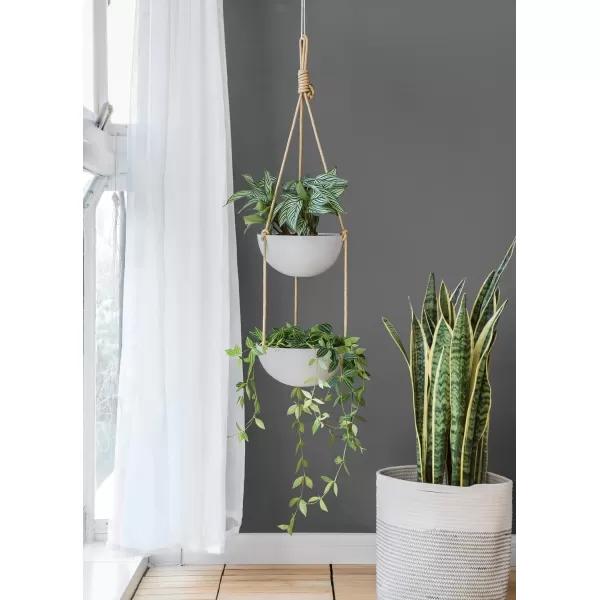Mkono 9 Inch Ceramic Double Hanging Planter 2 Tier Round Flower Plant Pot Porcelain Hanging Basket with Polyester Rope Hanger for Indoor Outdoor Plants Modern Vertical Plant Garden White