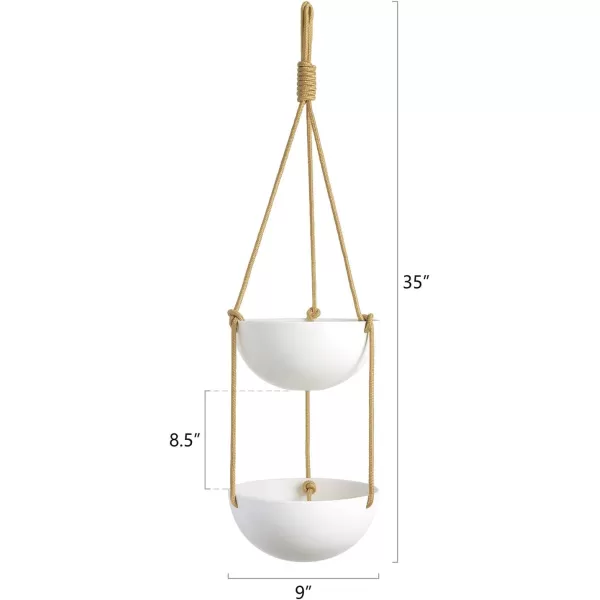 Mkono 9 Inch Ceramic Double Hanging Planter 2 Tier Round Flower Plant Pot Porcelain Hanging Basket with Polyester Rope Hanger for Indoor Outdoor Plants Modern Vertical Plant Garden White