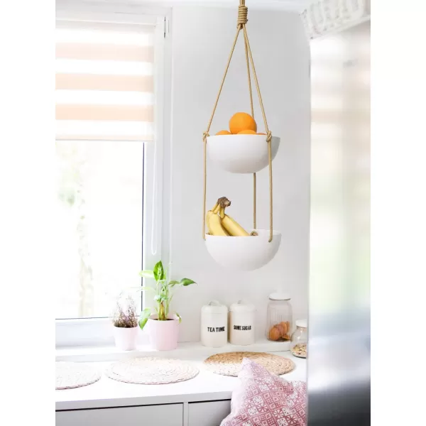 Mkono 9 Inch Ceramic Double Hanging Planter 2 Tier Round Flower Plant Pot Porcelain Hanging Basket with Polyester Rope Hanger for Indoor Outdoor Plants Modern Vertical Plant Garden White