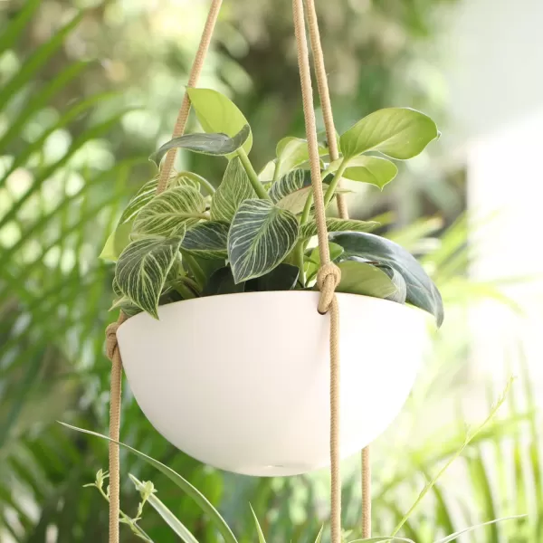 Mkono 9 Inch Ceramic Double Hanging Planter 2 Tier Round Flower Plant Pot Porcelain Hanging Basket with Polyester Rope Hanger for Indoor Outdoor Plants Modern Vertical Plant Garden White