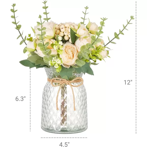 Mkono Artificial Flowers in Glass Vase Centerpiece Table Decorations Farmhouse Fake Flower Arrangement for Home Decor Indoor Silk Flower Bouquet Dining Coffee Table Decor for Office Wedding