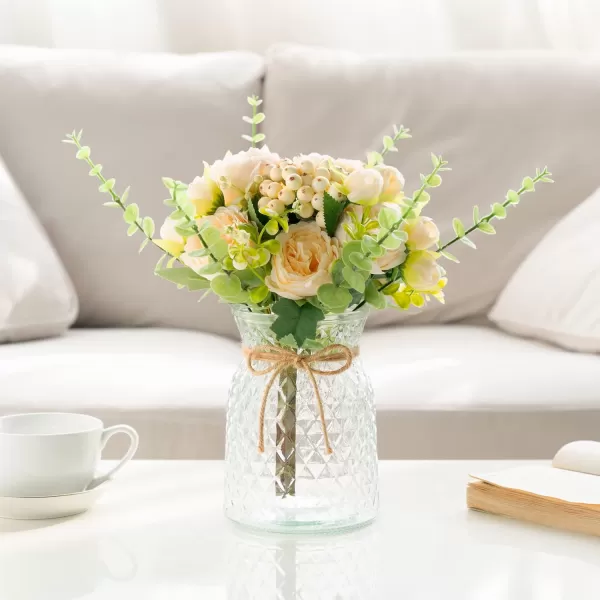 Mkono Artificial Flowers in Glass Vase Centerpiece Table Decorations Farmhouse Fake Flower Arrangement for Home Decor Indoor Silk Flower Bouquet Dining Coffee Table Decor for Office Wedding