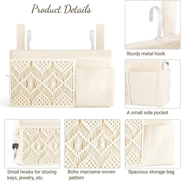Mkono Bedside Caddy Hanging Organizer Boho Macrame Storage with Fixed Straps and Hooks Remote Magazine Accessories 4 Pockets Holder for Home Bunk Bed Loft Crib Bed College Dorm Hospital Bed Rails