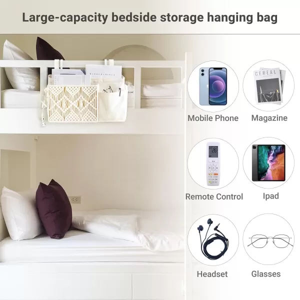 Mkono Bedside Caddy Hanging Organizer Boho Macrame Storage with Fixed Straps and Hooks Remote Magazine Accessories 4 Pockets Holder for Home Bunk Bed Loft Crib Bed College Dorm Hospital Bed Rails
