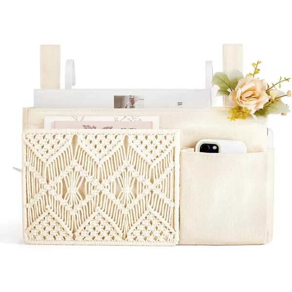 Mkono Bedside Caddy Hanging Organizer Boho Macrame Storage with Fixed Straps and Hooks Remote Magazine Accessories 4 Pockets Holder for Home Bunk Bed Loft Crib Bed College Dorm Hospital Bed Rails