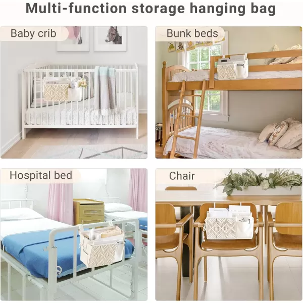 Mkono Bedside Caddy Hanging Organizer Boho Macrame Storage with Fixed Straps and Hooks Remote Magazine Accessories 4 Pockets Holder for Home Bunk Bed Loft Crib Bed College Dorm Hospital Bed Rails