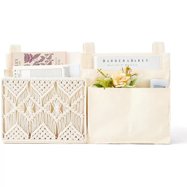 Mkono Bedside Caddy Hanging Organizer Bunk Woven 7 Pockets Bed Storage Bag Boho Remote Magazine Books Holder with Macrame for Loft Bed College Dorm Bedroom Baby Bed Rails Ivory7 PocketsIvory