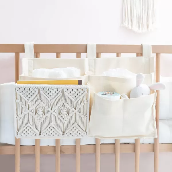Mkono Bedside Caddy Hanging Organizer Bunk Woven 7 Pockets Bed Storage Bag Boho Remote Magazine Books Holder with Macrame for Loft Bed College Dorm Bedroom Baby Bed Rails Ivory7 PocketsIvory