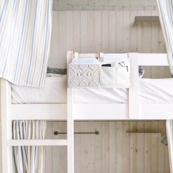Mkono Bedside Caddy Hanging Organizer Bunk Woven 7 Pockets Bed Storage Bag Boho Remote Magazine Books Holder with Macrame for Loft Bed College Dorm Bedroom Baby Bed Rails Ivory7 PocketsIvory