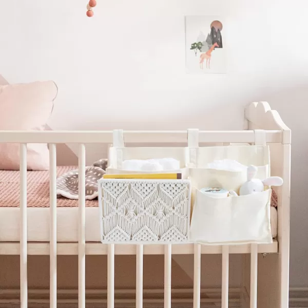 Mkono Bedside Caddy Hanging Organizer Bunk Woven 7 Pockets Bed Storage Bag Boho Remote Magazine Books Holder with Macrame for Loft Bed College Dorm Bedroom Baby Bed Rails Ivory7 PocketsIvory