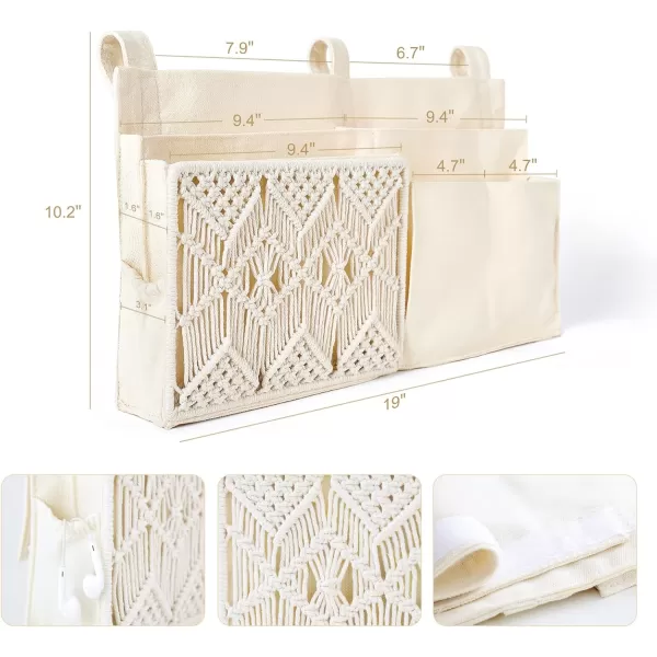 Mkono Bedside Caddy Hanging Organizer Bunk Woven 7 Pockets Bed Storage Bag Boho Remote Magazine Books Holder with Macrame for Loft Bed College Dorm Bedroom Baby Bed Rails Ivory7 PocketsIvory