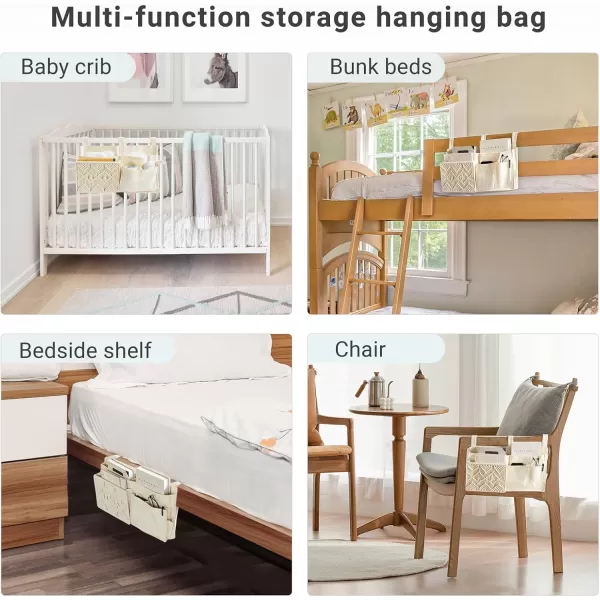 Mkono Bedside Caddy Hanging Organizer Bunk Woven 7 Pockets Bed Storage Bag Boho Remote Magazine Books Holder with Macrame for Loft Bed College Dorm Bedroom Baby Bed Rails Ivory7 PocketsIvory