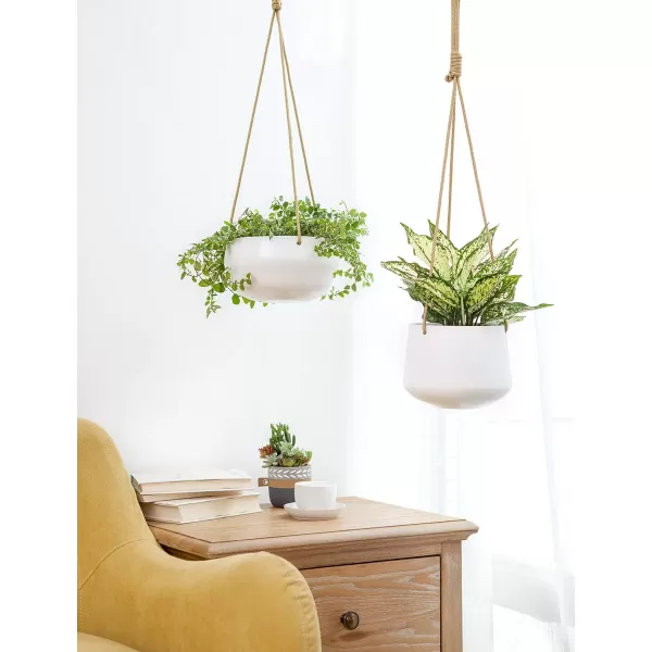 Mkono Ceramic Hanging Planter of Shallow 8 Inch and Deep 6 Inch for Indoor Outdoor Plants Set of 2 Modern Plant Pot Geometric Porcelain Hanging Basket with Polyester Rope Hanger