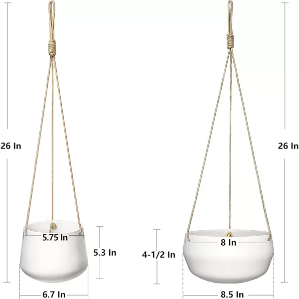 Mkono Ceramic Hanging Planter of Shallow 8 Inch and Deep 6 Inch for Indoor Outdoor Plants Set of 2 Modern Plant Pot Geometric Porcelain Hanging Basket with Polyester Rope Hanger