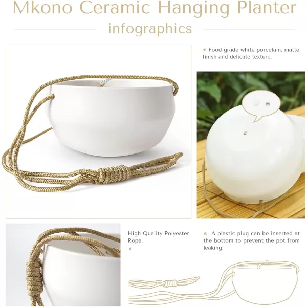 Mkono Ceramic Hanging Planter of Shallow 8 Inch and Deep 6 Inch for Indoor Outdoor Plants Set of 2 Modern Plant Pot Geometric Porcelain Hanging Basket with Polyester Rope Hanger