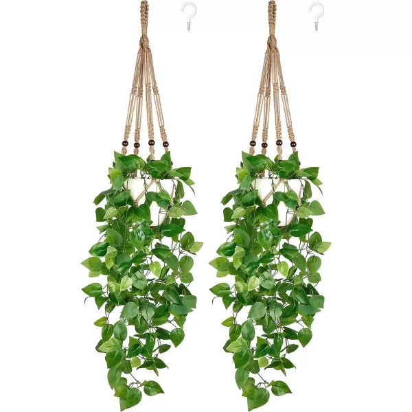 Mkono Fake Hanging Plant with Pot Artificial Plants for Home Decor Indoor Macrame Plant Hanger with Faux Vine Hanging Planter Greenery for Bedroom Bathroom Kitchen Office Decor Brown PothosBrown