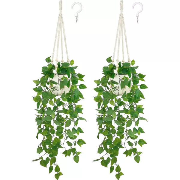 Mkono Fake Hanging Plant with Pot Artificial Plants for Home Decor Indoor Macrame Plant Hanger with Faux Vine Hanging Planter Greenery for Bedroom Bathroom Kitchen Office Decor Brown PothosIvory