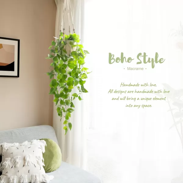 Mkono Fake Hanging Plant with Pot Artificial Plants for Home Decor Indoor Macrame Plant Hanger with Faux Vine Hanging Planter Greenery for Bedroom Bathroom Kitchen Office Decor Brown PothosIvory