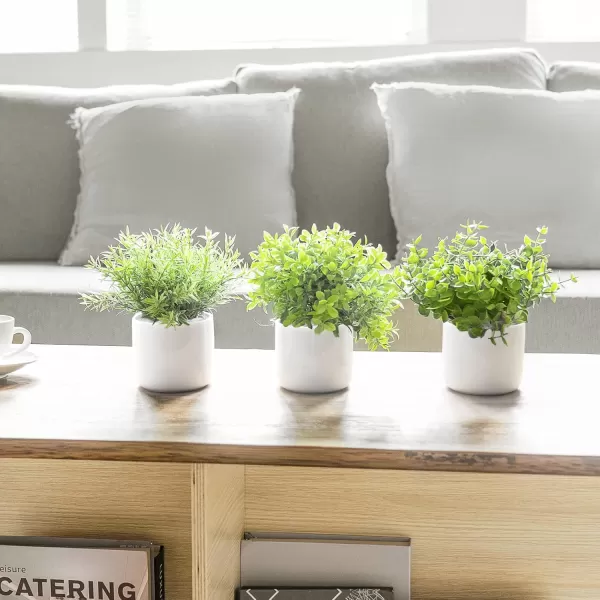 Mkono Fake Plants in Ceramic Pot 3 Pack Potted Artificial Eucalyptus Plants for Home Decor Indoor Faux Green Rosemary for Desk Shelf Coffee Centerpiece Bathroom Office Decor