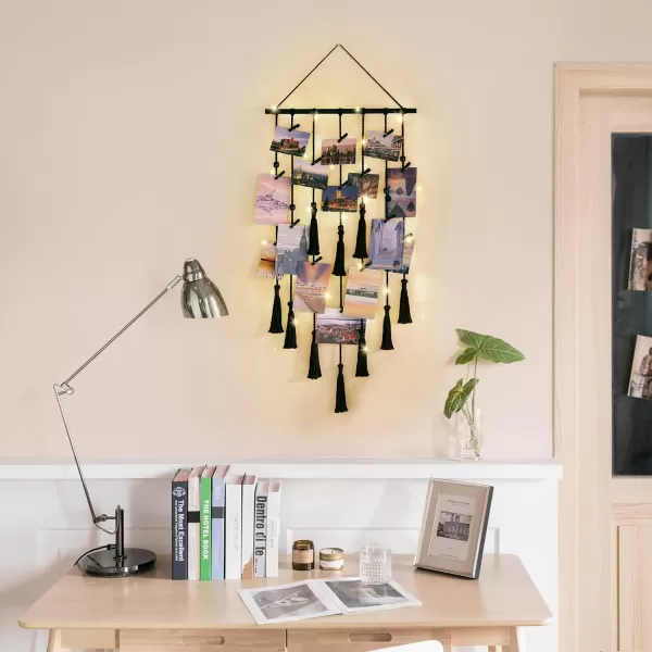 Mkono Hanging Photo Display Boho Macrame Wall Decor with Light Teen Girl Teenage Gifts Pictures Cards Frame Holder Art Hanger for Birthday Party Room Bedroom Dorm with 30 Wood Clips IvoryBlack
