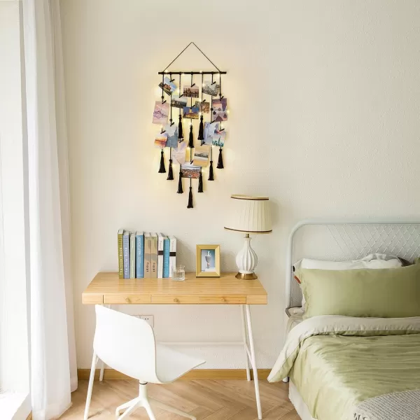 Mkono Hanging Photo Display Boho Macrame Wall Decor with Light Teen Girl Teenage Gifts Pictures Cards Frame Holder Art Hanger for Birthday Party Room Bedroom Dorm with 30 Wood Clips IvoryBlack