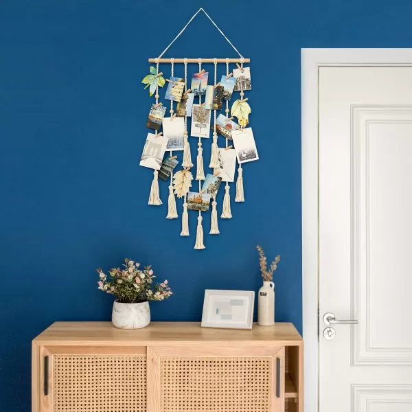Mkono Hanging Photo Display Boho Macrame Wall Decor with Light Teen Girl Teenage Gifts Pictures Cards Frame Holder Art Hanger for Birthday Party Room Bedroom Dorm with 30 Wood Clips IvoryIvory