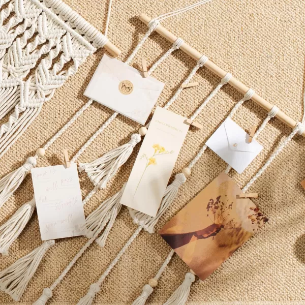 Mkono Hanging Photo Display Boho Macrame Wall Decor with Light Teen Girl Teenage Gifts Pictures Cards Frame Holder Art Hanger for Birthday Party Room Bedroom Dorm with 30 Wood Clips IvoryIvory