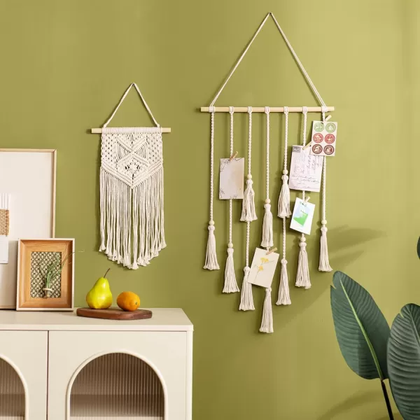 Mkono Hanging Photo Display Boho Macrame Wall Decor with Light Teen Girl Teenage Gifts Pictures Cards Frame Holder Art Hanger for Birthday Party Room Bedroom Dorm with 30 Wood Clips IvoryIvory