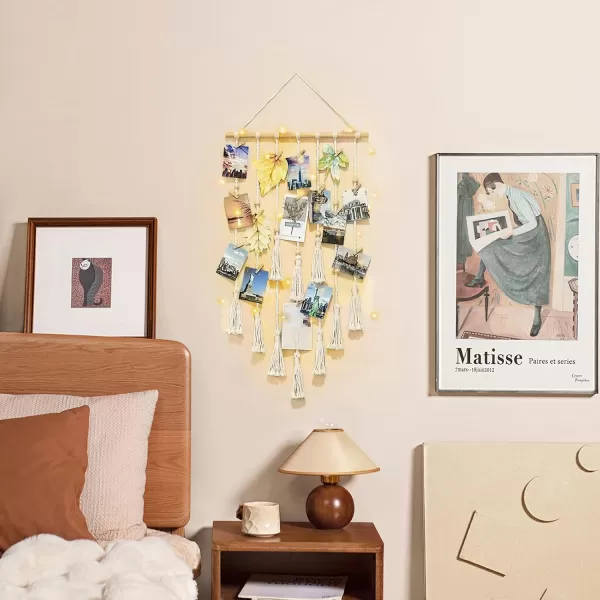 Mkono Hanging Photo Display Boho Macrame Wall Decor with Light Teen Girl Teenage Gifts Pictures Cards Frame Holder Art Hanger for Birthday Party Room Bedroom Dorm with 30 Wood Clips IvoryIvory