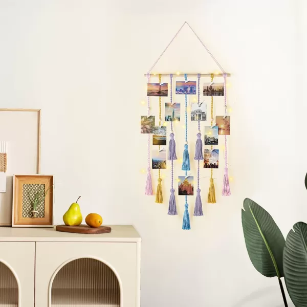 Mkono Hanging Photo Display Boho Macrame Wall Decor with Light Teen Girl Teenage Gifts Pictures Cards Frame Holder Art Hanger for Birthday Party Room Bedroom Dorm with 30 Wood Clips IvoryMulti