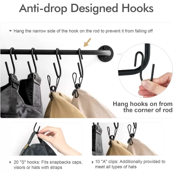 Mkono Hat Rack for Wall Baseball Cap Organizer Hanger with 20 Hooks Modern Metal Hat Holder WallMounted Caps Display for Closet Door Bedroom Entryroom Laundry Set of 2 BlackBlack