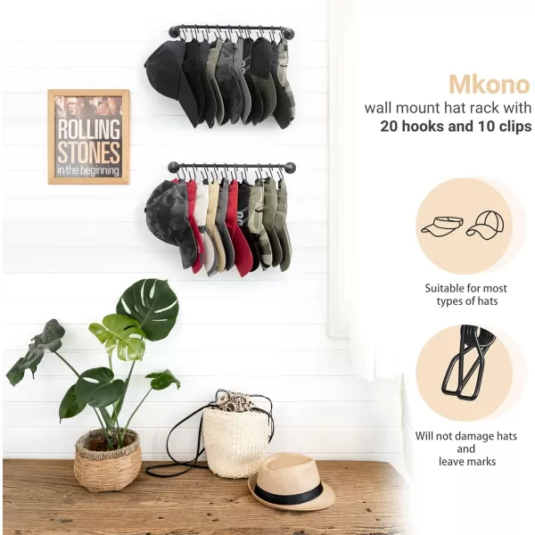Mkono Hat Rack for Wall Baseball Cap Organizer Hanger with 20 Hooks Modern Metal Hat Holder WallMounted Caps Display for Closet Door Bedroom Entryroom Laundry Set of 2 BlackBlack