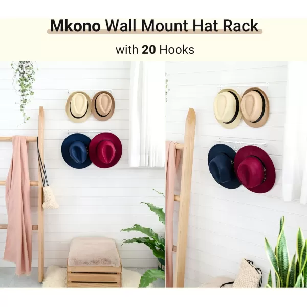 Mkono Hat Rack for Wall Baseball Cap Organizer Hanger with 20 Hooks Modern Metal Hat Holder WallMounted Caps Display for Closet Door Bedroom Entryroom Laundry Set of 2 BlackWhite