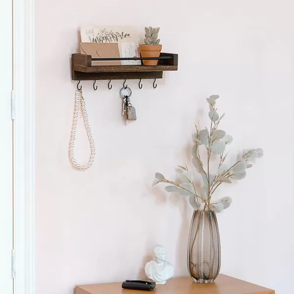 Mkono Key Holder for Wall 95quot x 35quot x 25quot Small Rustic Wood Key Rack with 6 Hooks Decorative Display Keys Hanger Organizer for Entryway Living Room Bedroom Bathroom Office Home DecorBrown