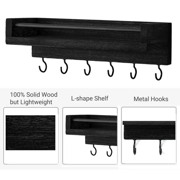 Mkono Key Holder for Wall 95quot x 35quot x 25quot Small Rustic Wood Key Rack with 6 Hooks Decorative Display Keys Hanger Organizer for Entryway Living Room Bedroom Bathroom Office Home DecorBlack