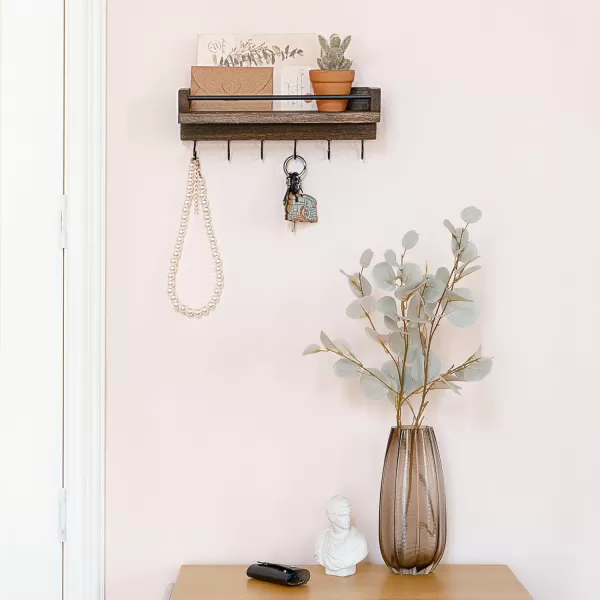 Mkono Key Holder for Wall 95quot x 35quot x 25quot Small Rustic Wood Key Rack with 6 Hooks Decorative Display Keys Hanger Organizer for Entryway Living Room Bedroom Bathroom Office Home DecorBrown